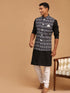 Vastramay Men's Black Ikaat Printede Cotton Nehru Jacket With Black Kurta And White Pyjama Set
